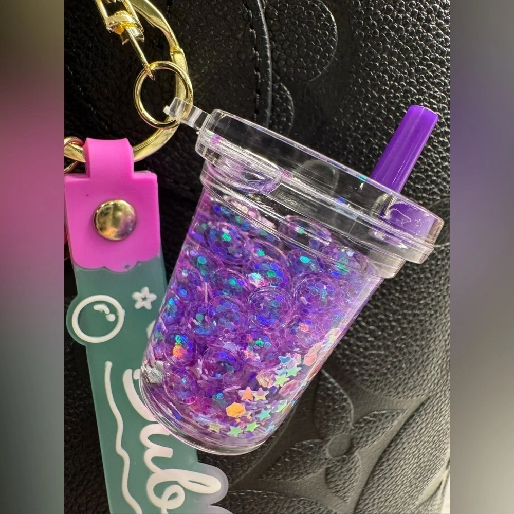 New Purple Glitter & Liquid Mini Drink Cup Purse Bag Charm Keychain - 6.5”